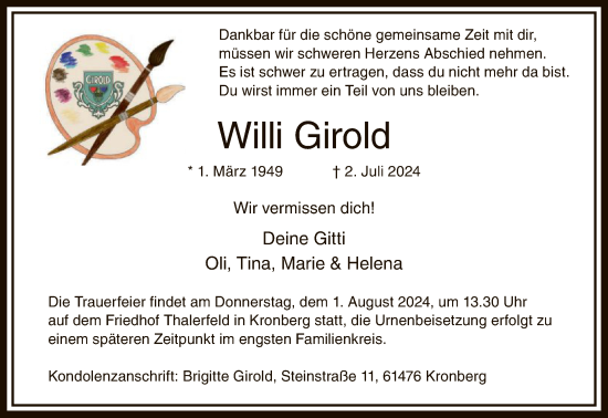 Traueranzeige von Willi Girold von FNP