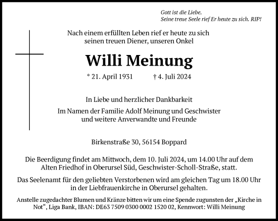 Traueranzeige von Willi Meinung von FNP