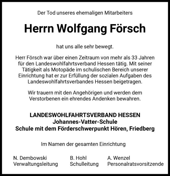 Traueranzeige von Wolfgang Försch von FNP