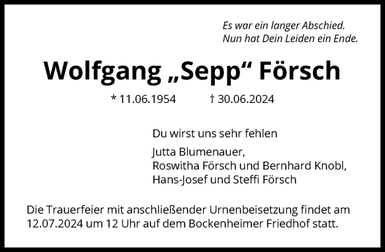 Traueranzeige von Wolfgang Försch von FNP