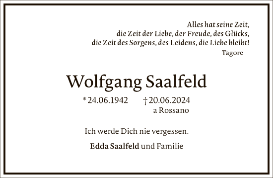 Traueranzeige von Wolfgang Saalfeld von FNP