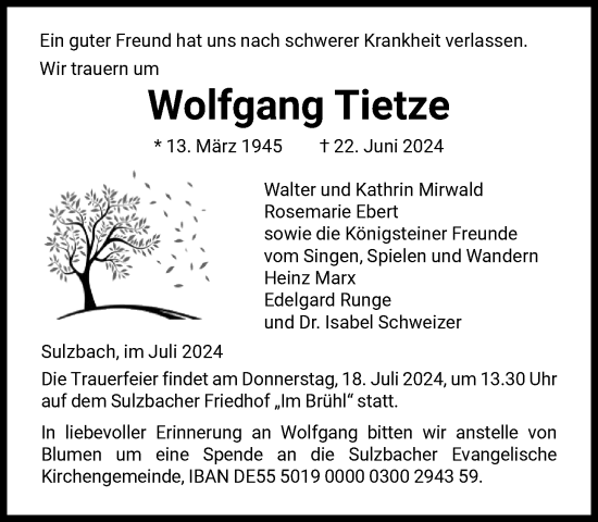 Traueranzeige von Wolfgang Tietze von FNP