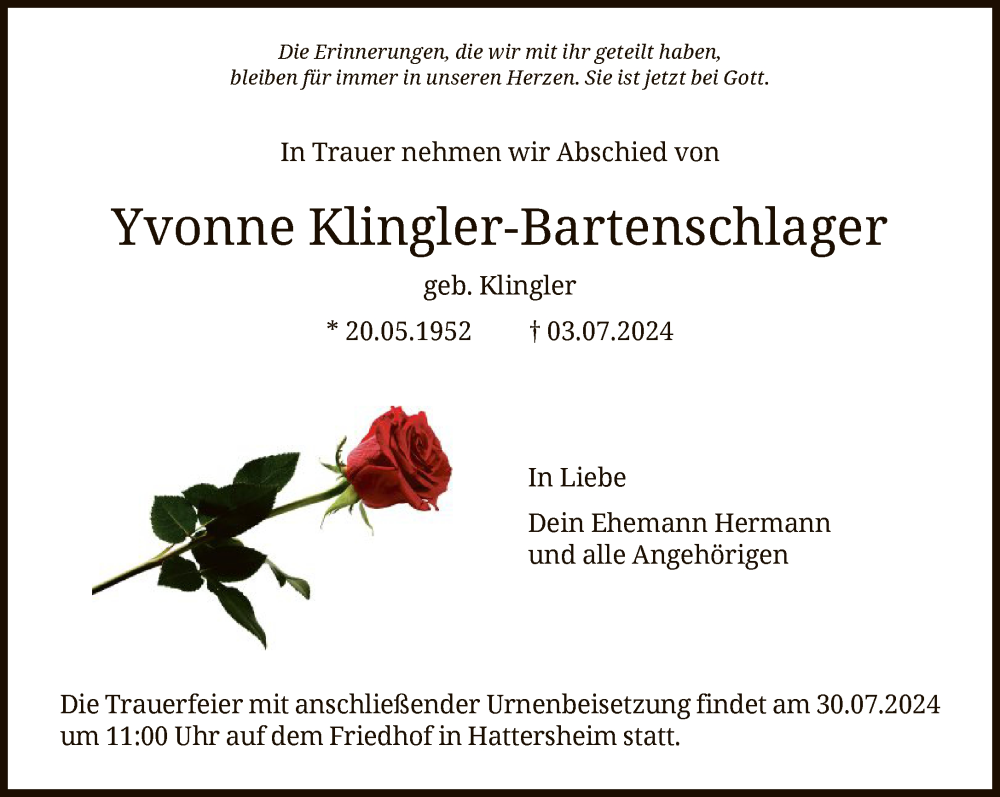  Traueranzeige für Yvonne Klingler-Bartenschlager vom 20.07.2024 aus FNP