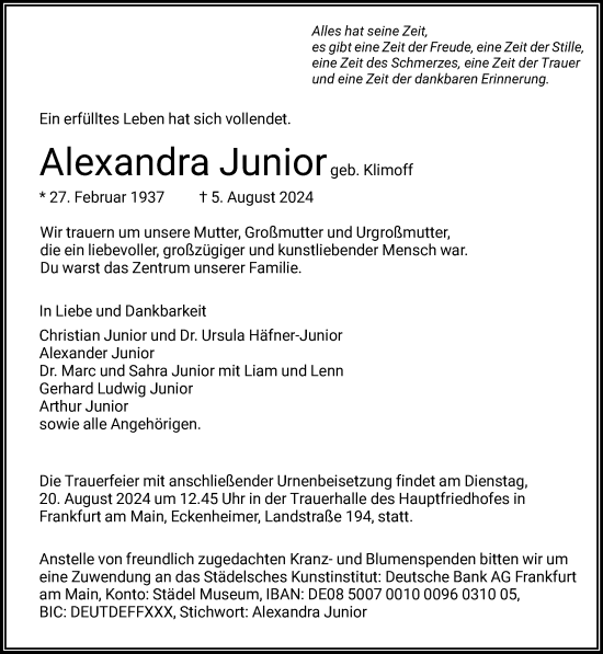 Traueranzeige von Alexandra Junior von FNP