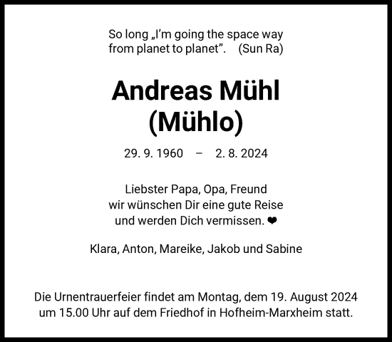 Traueranzeige von Andreas Mühl von FNP
