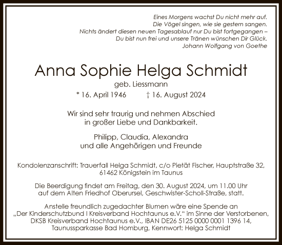 Traueranzeige von Anna Sophie Helga Schmidt von FNP