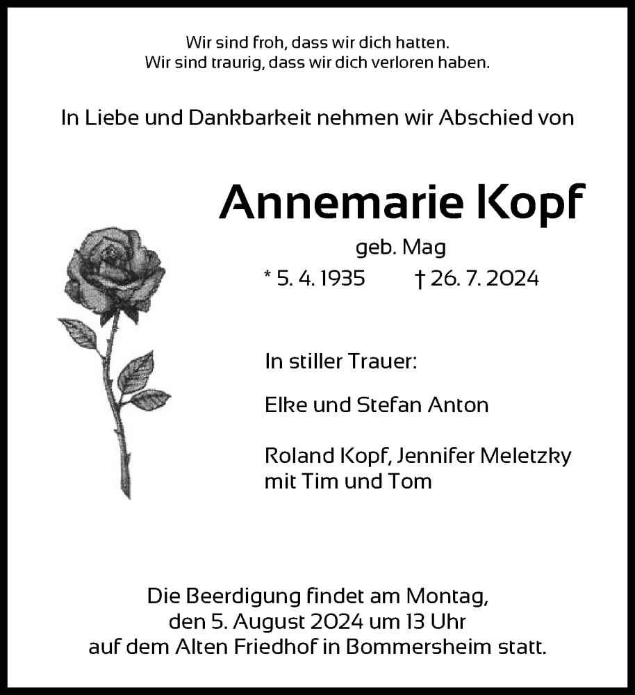  Traueranzeige für Annemarie Kopf vom 03.08.2024 aus FNP