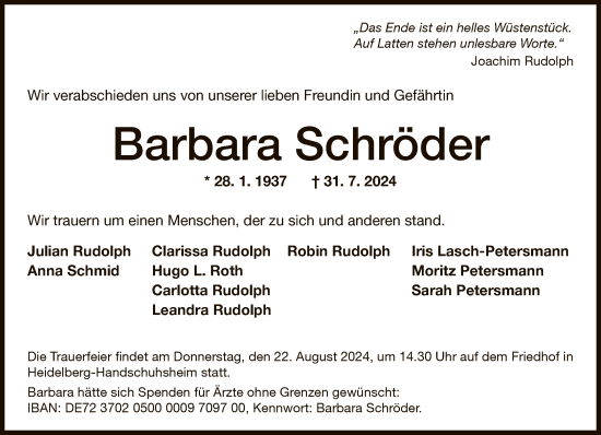 Traueranzeige von Barbara Schröder von FNP
