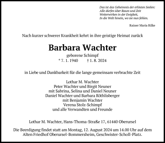 Traueranzeige von Barbara Wachter von FNP
