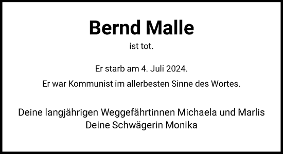 Traueranzeige von Bernd Malle von FNP
