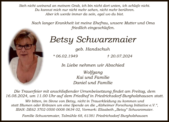 Traueranzeige von Betsy Schwarzmaier von FNP