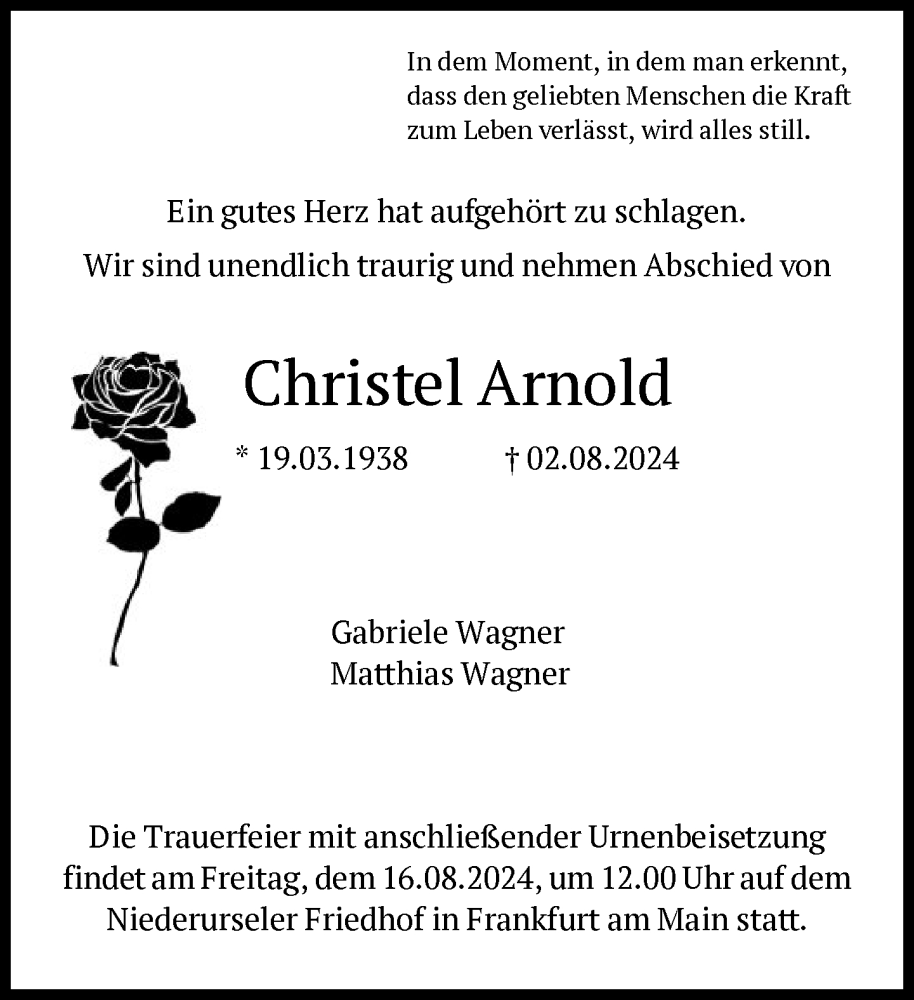  Traueranzeige für Christel Arnold vom 10.08.2024 aus FNP