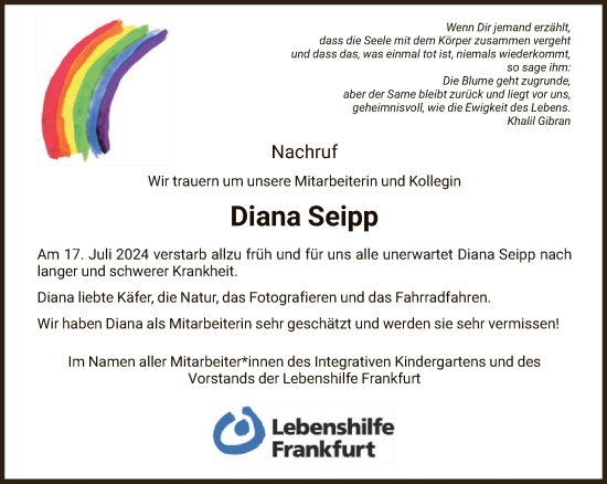 Traueranzeige von Diana Seipp von FNP