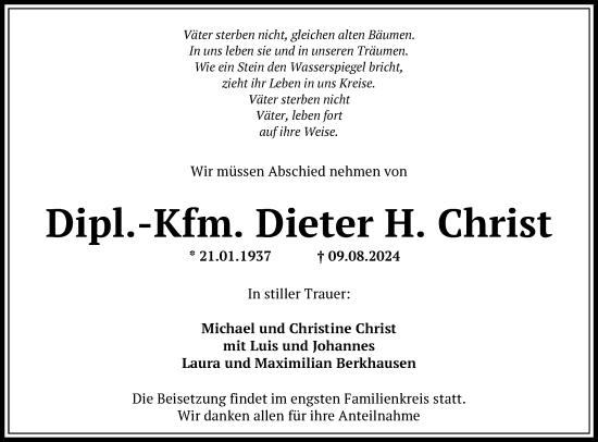 Traueranzeige von Dieter Christ von FNP