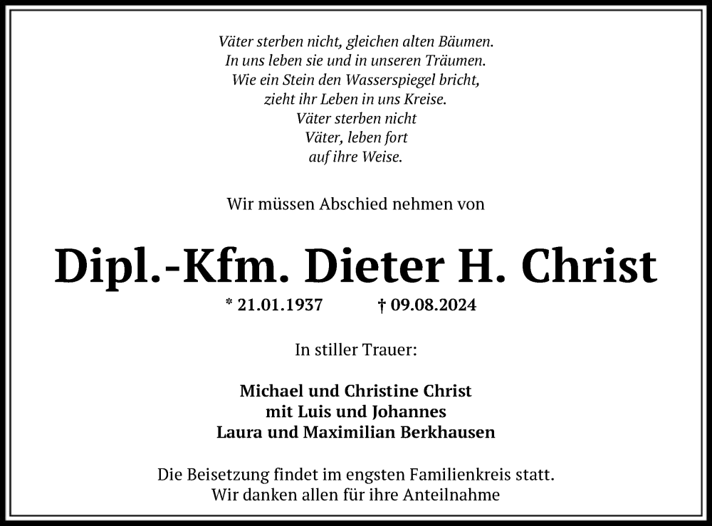  Traueranzeige für Dieter Christ vom 24.08.2024 aus FNP
