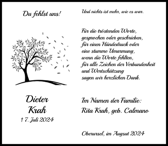 Traueranzeige von Dieter Krah von FNP