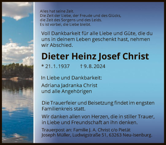 Traueranzeige von Dieter Heinz Josef Christ von FNP