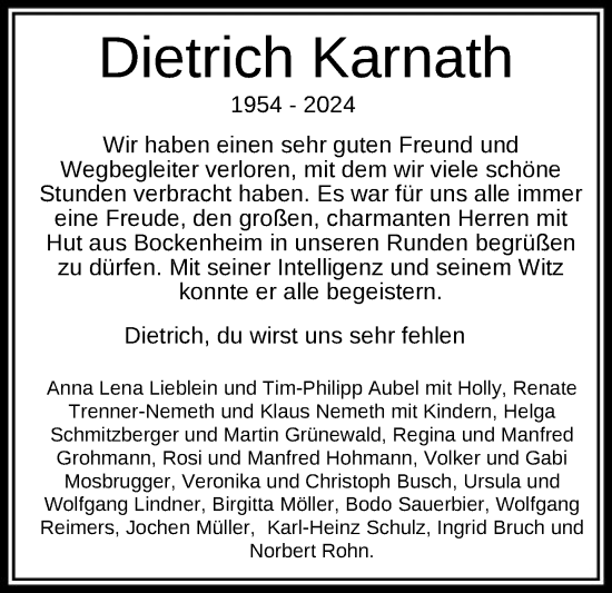 Traueranzeige von Dietrich Karnath von FNP
