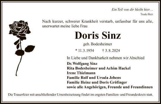 Traueranzeige von Doris Sinz von FNP