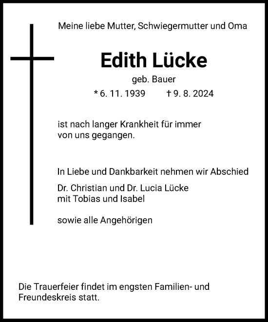 Traueranzeige von Edith Lücke von FNP