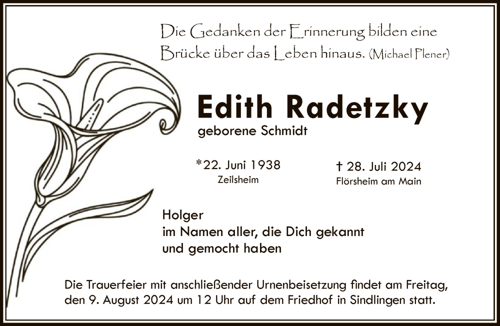  Traueranzeige für Edith Radetzky vom 07.08.2024 aus FNP