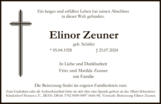 Traueranzeige von Elinor Zeuner von FNP