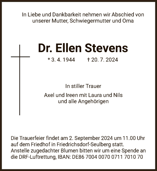 Traueranzeige von Ellen Stevens von FNP