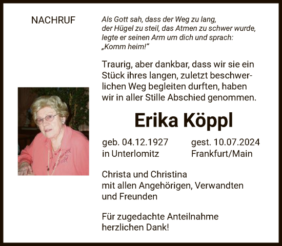 Traueranzeige von Erika Köppl von FNP