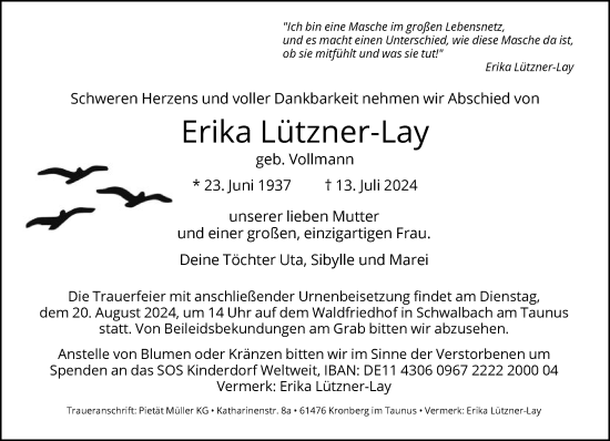Traueranzeige von Erika Lützner-Lay von FNP