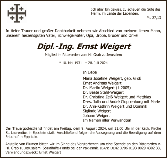Traueranzeige von Ernst Weigert von FNP