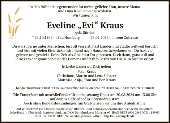 Traueranzeige von Eveline Kraus von FNP