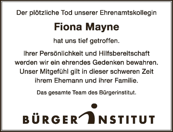 Traueranzeige von Fiona Mayne von FNP