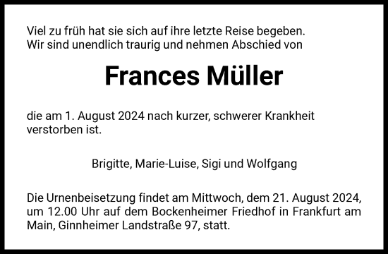 Traueranzeige von Frances Müller von FNP