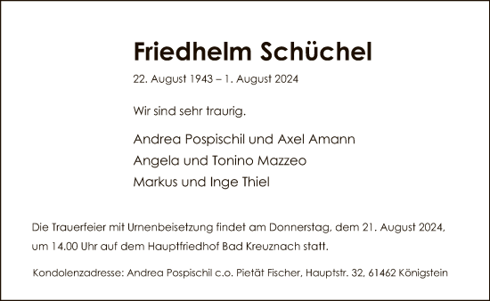 Traueranzeige von Friedhelm Schüchel von FNP