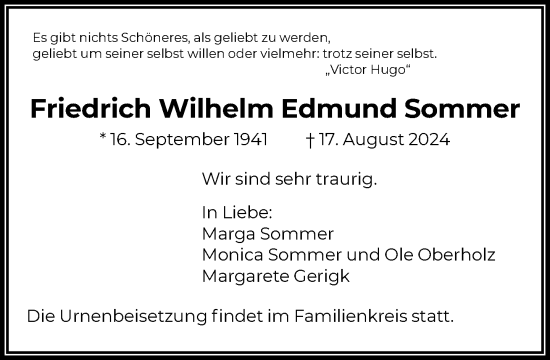 Traueranzeige von Friedrich Wilhelm Edmund Sommer von FNP