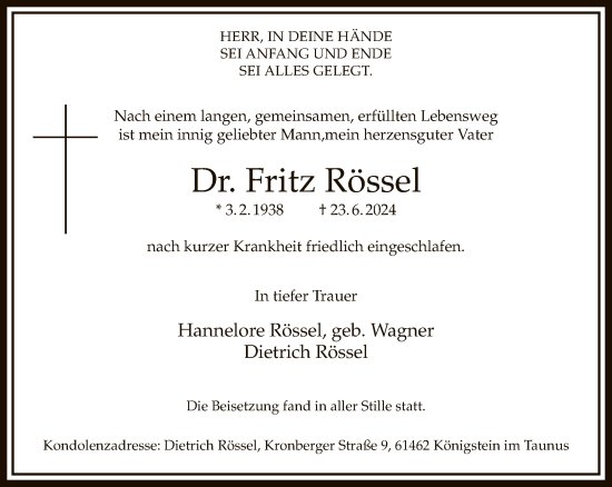 Traueranzeige von Fritz Rössel von FNP