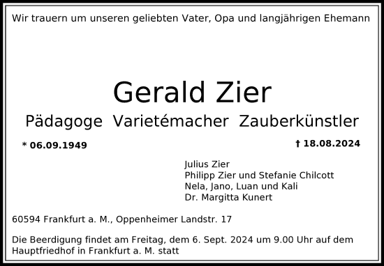 Traueranzeige von Gerald Zier von FNP