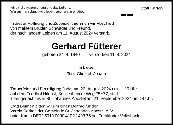 Traueranzeige von Gerhard Fütterer von FNP