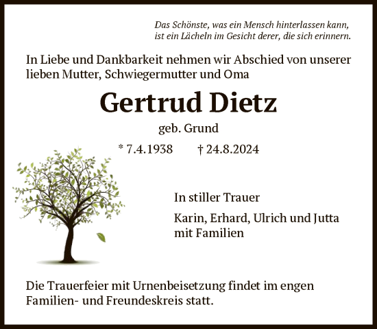 Traueranzeige von Gertrud Dietz von FNP