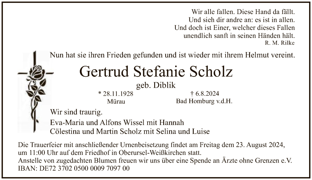  Traueranzeige für Gertrud Stefanie Scholz vom 17.08.2024 aus FNP