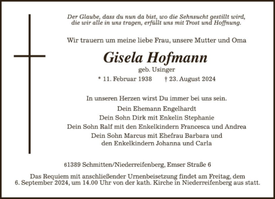 Traueranzeige von Gisela Hofmann von FNP