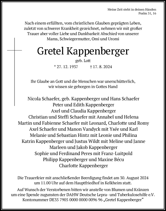 Traueranzeige von Gretel Kappenberger von FNP