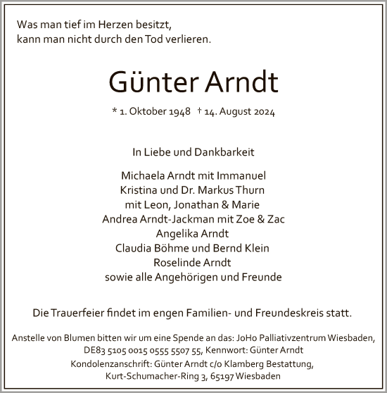Traueranzeige von Günter Arndt von FNP