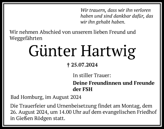 Traueranzeige von Günter Hartwig von FNP