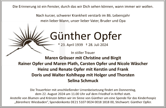 Traueranzeige von Günther Opfer von FNP
