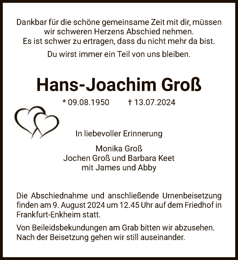  Traueranzeige für Hans-Joachim Groß vom 03.08.2024 aus FNP