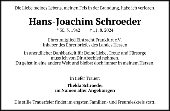 Traueranzeige von Hans-Joachim Schroeder von FNP