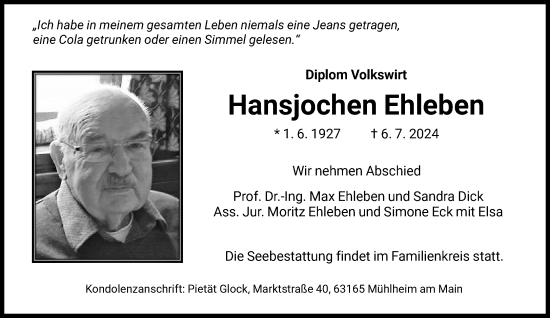 Traueranzeige von Hansjochen Ehleben von FNP