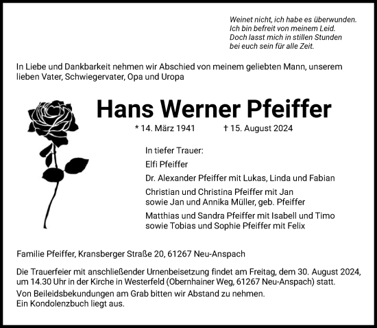 Traueranzeige von Hans Werner Pfeiffer von FNP