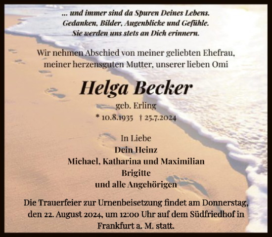 Traueranzeige von Helga Becker von FNP